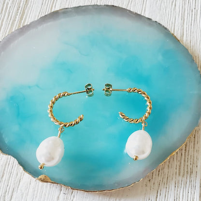 chunky earrings, thick gold hoop, gold hoop earrings, chunky gold hoop, hypoallergenic hoops, gold hoop earring, chunky hoops, small hoop earring, helloluxyjewelry, hoop earrings, croissant earrings, croissant hoops, gold filled hoops, twisted curved hoop, cuban rings, bold earrings, 18k gold earrings, water resistant earrings, Pearl earrings, Pearl hoops,