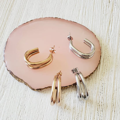 chunky earrings, thick gold hoop, gold hoop earrings, chunky gold hoop, hypoallergenic hoops, gold hoop earring, chunky hoops, small hoop earring, helloluxyjewelry, hoop earrings, croissant earrings, croissant hoops, gold filled hoops, twisted curved hoop, cuban rings, bold earrings, 18k gold earrings, water resistant earrings, rose gold earrings, silver earrings