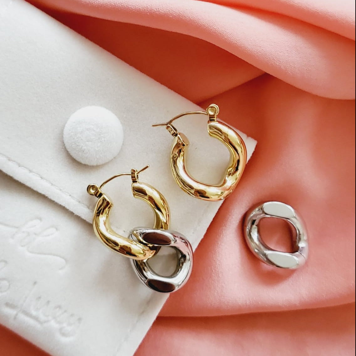 chunky earrings, thick gold hoop, gold hoop earrings, chunky gold hoop, hypoallergenic hoops, gold hoop earring, chunky hoops, small hoop earring, helloluxyjewelry, hoop earrings, croissant earrings, croissant hoops, gold filled hoops, twisted curved hoop, cuban rings, bold earrings, 18k gold earrings, water resistant earrings, double tone hoops, double tone earrings