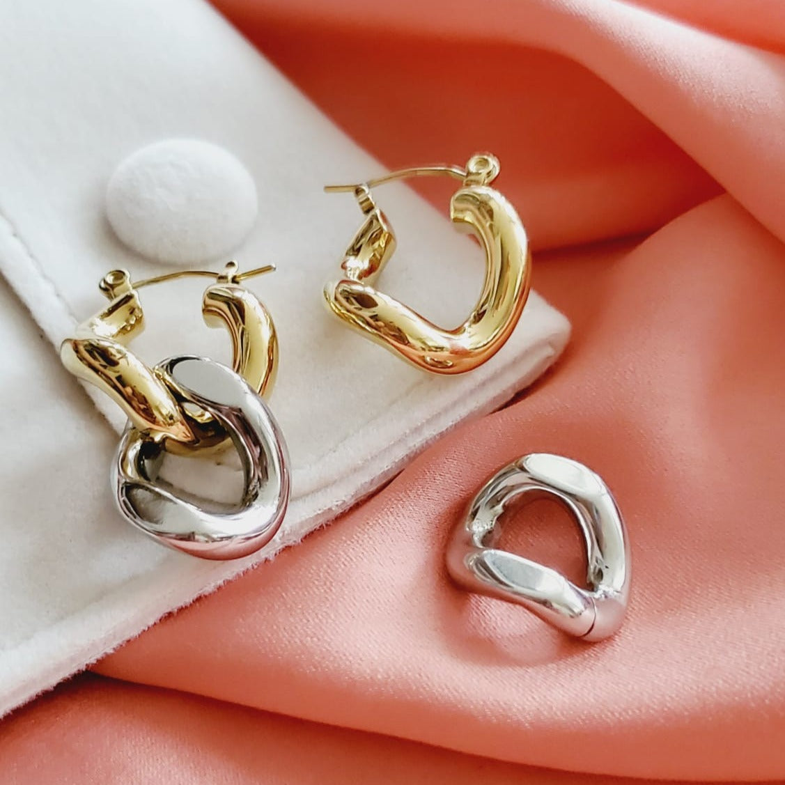 chunky earrings, thick gold hoop, gold hoop earrings, chunky gold hoop, hypoallergenic hoops, gold hoop earring, chunky hoops, small hoop earring, helloluxyjewelry, hoop earrings, croissant earrings, croissant hoops, gold filled hoops, twisted curved hoop, cuban rings, bold earrings, 18k gold earrings, water resistant earrings, double tone hoops, double tone earrings