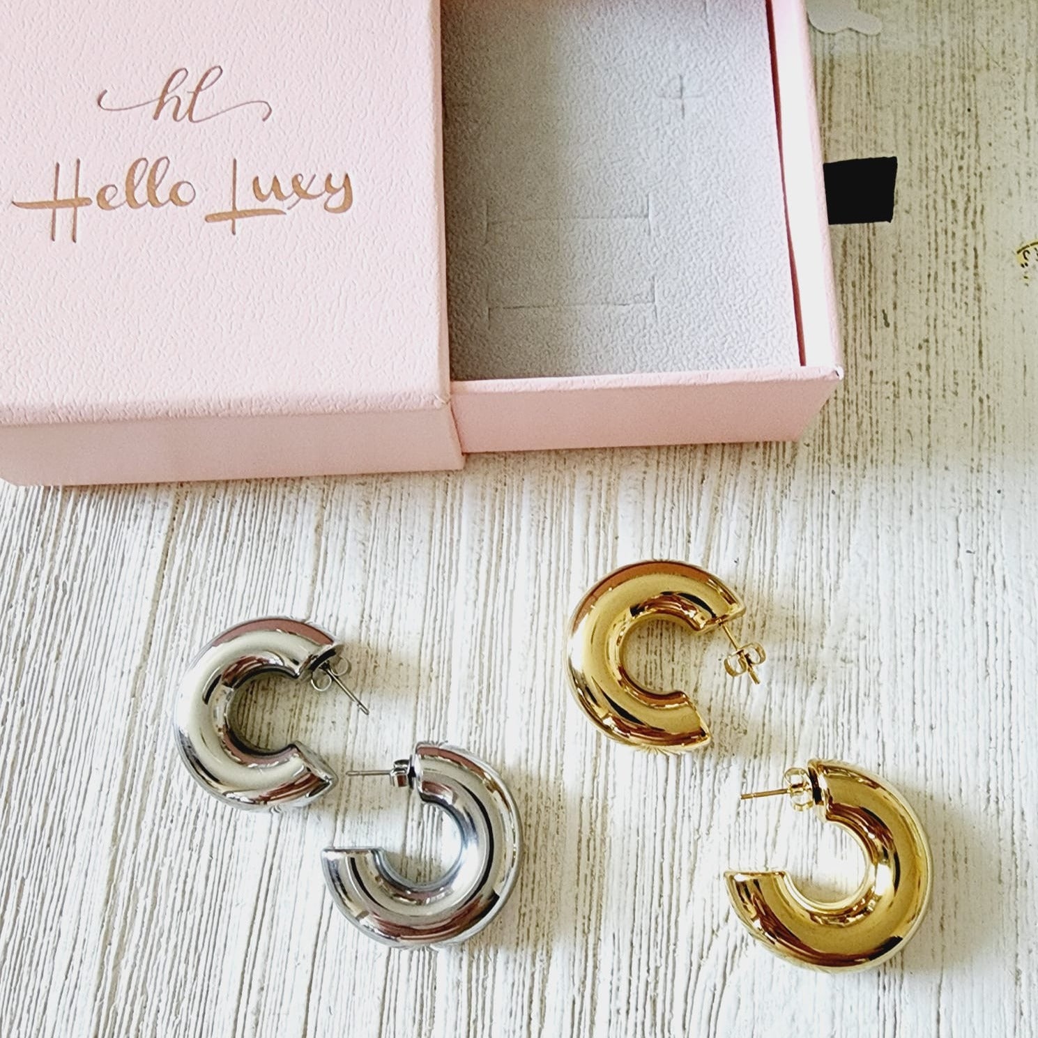 chunky cuban earrings, chunky drop earrings, chunky earrings, thick gold hoop, gold hoop earrings, chunky gold hoop, hypoallergenic hoops, gold hoop earring, chunky hoops, small hoop earring, helloluxyjewelry, hoop earrings, croissant earrings, croissant hoops, gold filled hoops, twisted curved hoop, cuban rings, bold earrings, 18k gold earrings, water resistant earrings, water resistance jewelry