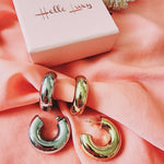 chunky cuban earrings, chunky drop earrings, chunky earrings, thick gold hoop, gold hoop earrings, chunky gold hoop, hypoallergenic hoops, gold hoop earring, chunky hoops, small hoop earring, helloluxyjewelry, hoop earrings, croissant earrings, croissant hoops, gold filled hoops, twisted curved hoop, cuban rings, bold earrings, 18k gold earrings, water resistant earrings, water resistance jewelry