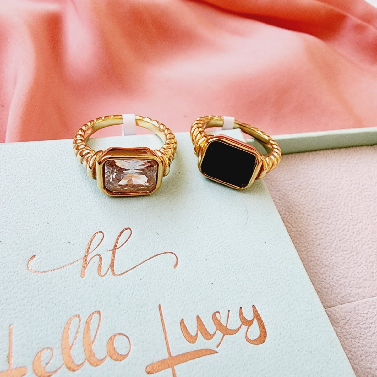 Inlaid Zircon Ring, Crystal Ring, White Crystal Ring, Black Crystal Ring, Vintage ring, valentines gifts, french twisted ring, Twist Crystal ring, Tarnish free ring, timeless gold ring, waterproof ring, Classical Simple Plain Stacking ring, anti turn green ring, dainty ring, 18k gold plated ring, vintage gold ring, classy gold ring, timeless jewelry, promise jewelry, Water Resistant Jewelry, Water Resistant, sweat resistant jewelry, water resistance jewelry, minimalist jewelry, minimalist ring