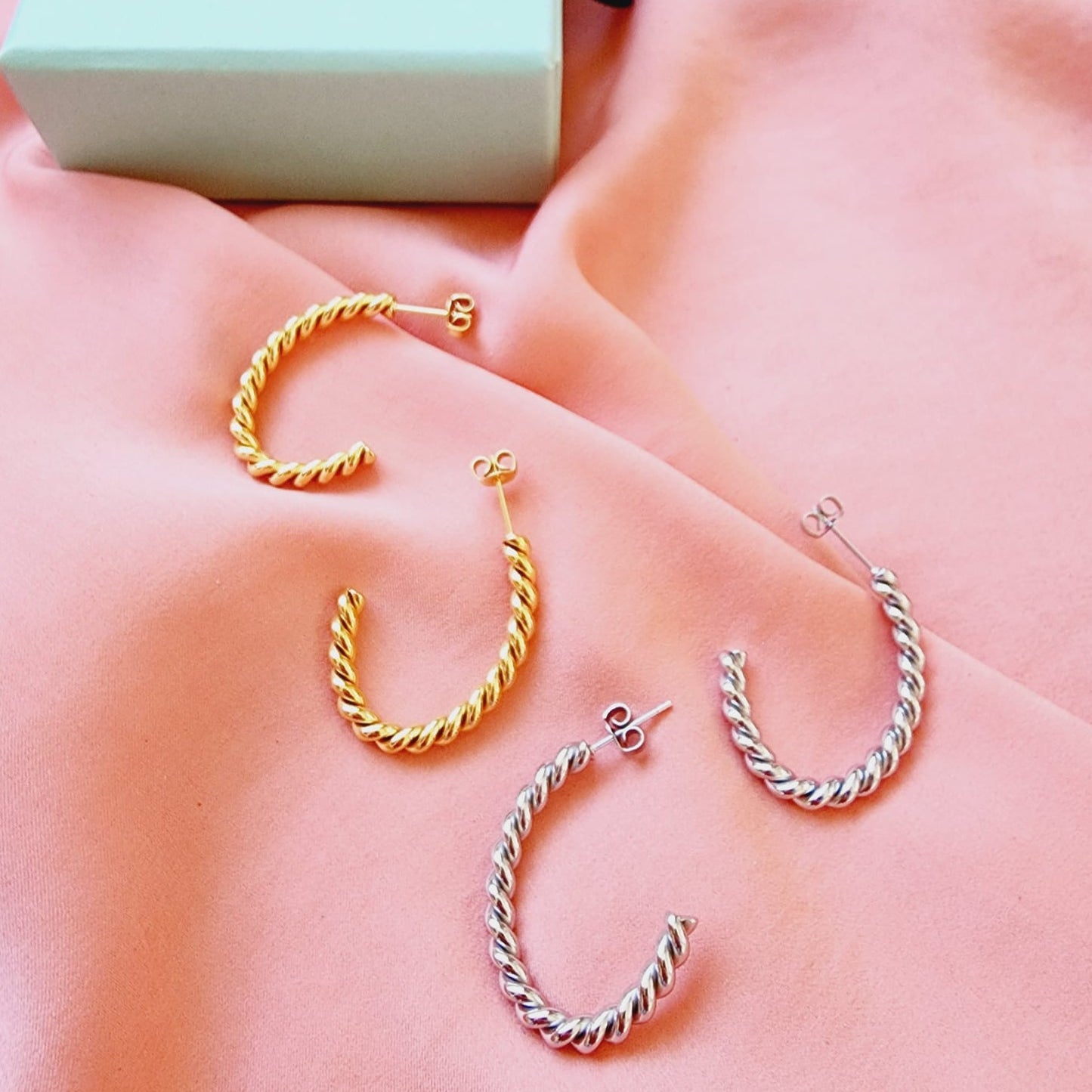 hypoallergenic earrings, twisted earrings, C shape twisted earrings, twisted hoops, waterproof earrings, water resistant earrings, twisted earrings gold, spiral twist earrings,  double twist earrings, double twist hoop earrings, tiny twist earrings,  twist stud earrings, small twisted gold hoop earrings,  twisted gold hoops 14k, Croissant Earrings Waterproof 