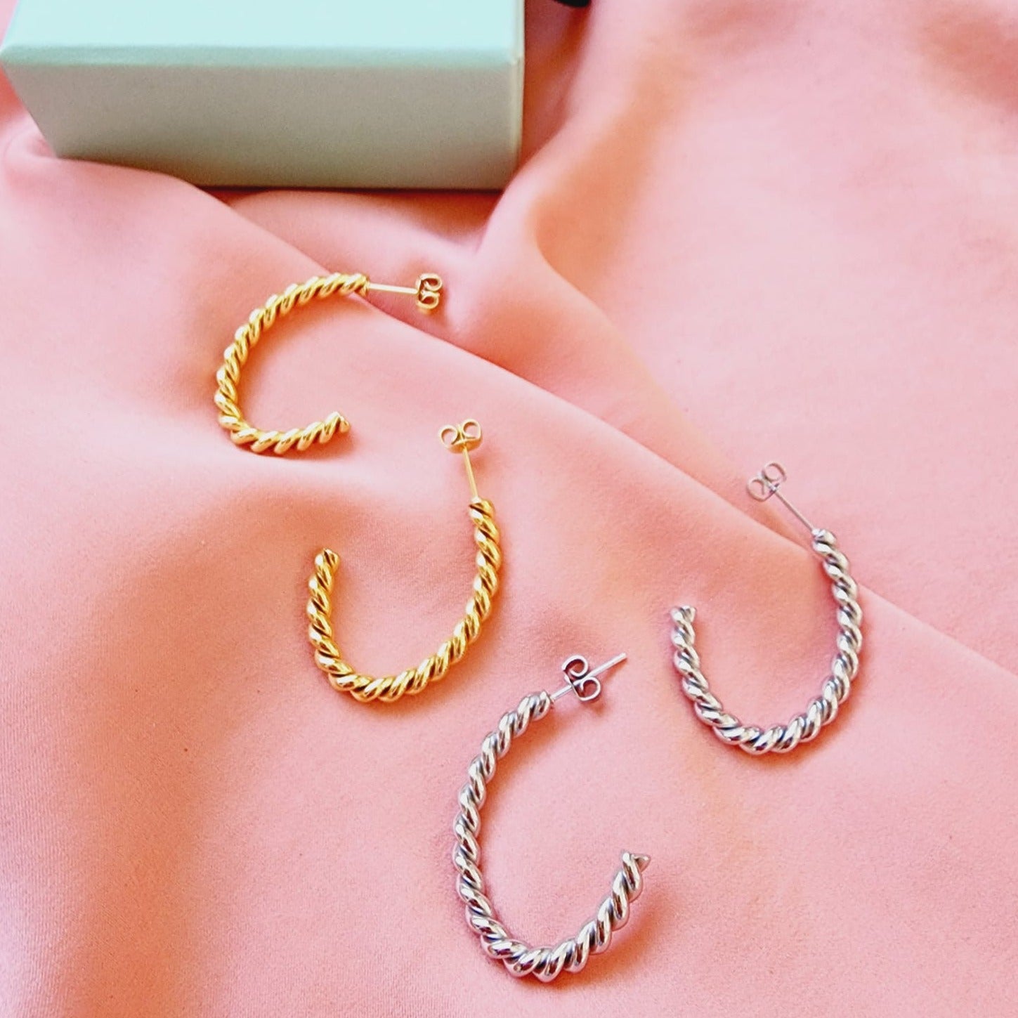 hypoallergenic earrings, twisted earrings, C shape twisted earrings, twisted hoops, waterproof earrings, water resistant earrings, twisted earrings gold, spiral twist earrings,  double twist earrings, double twist hoop earrings, tiny twist earrings,  twist stud earrings, small twisted gold hoop earrings,  twisted gold hoops 14k, Croissant Earrings Waterproof 