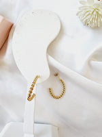 hypoallergenic earrings, twisted earrings, C shape twisted earrings, twisted hoops, waterproof earrings, water resistant earrings, twisted earrings gold, spiral twist earrings,  double twist earrings, double twist hoop earrings, tiny twist earrings,  twist stud earrings, small twisted gold hoop earrings,  twisted gold hoops 14k, Croissant Earrings Waterproof 