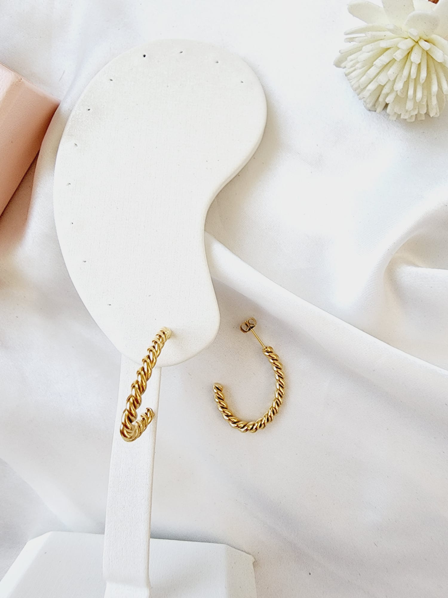 hypoallergenic earrings, twisted earrings, C shape twisted earrings, twisted hoops, waterproof earrings, water resistant earrings, twisted earrings gold, spiral twist earrings,  double twist earrings, double twist hoop earrings, tiny twist earrings,  twist stud earrings, small twisted gold hoop earrings,  twisted gold hoops 14k, Croissant Earrings Waterproof 