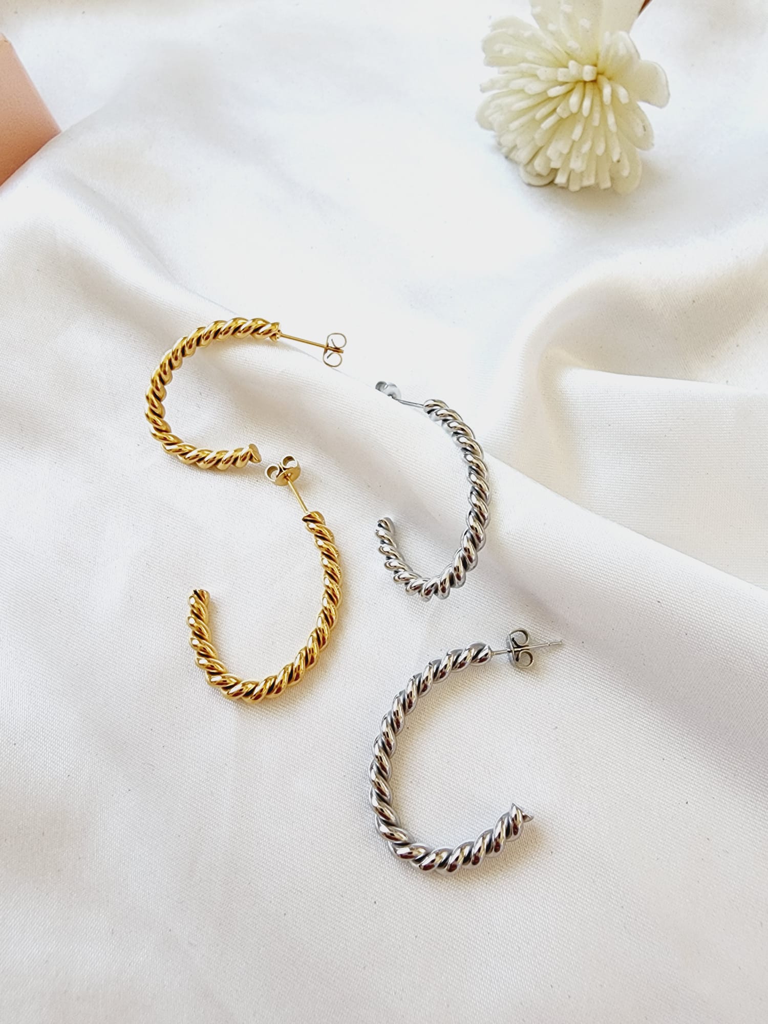 hypoallergenic earrings, twisted earrings, C shape twisted earrings, twisted hoops, waterproof earrings, water resistant earrings, twisted earrings gold, spiral twist earrings,  double twist earrings, double twist hoop earrings, tiny twist earrings,  twist stud earrings, small twisted gold hoop earrings,  twisted gold hoops 14k, Croissant Earrings Waterproof 