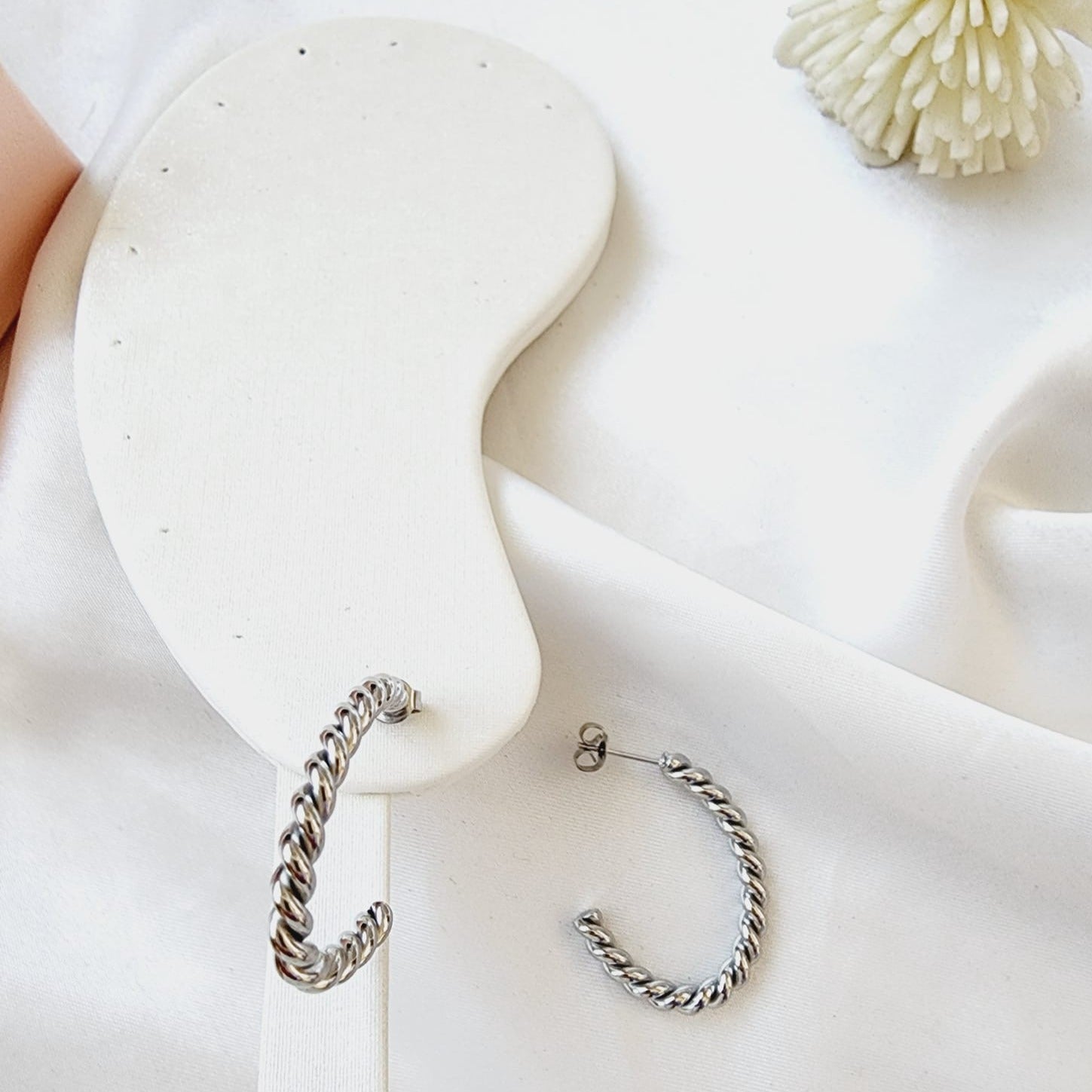 hypoallergenic earrings, twisted earrings, C shape twisted earrings, twisted hoops, waterproof earrings, water resistant earrings, twisted earrings gold, spiral twist earrings,  double twist earrings, double twist hoop earrings, tiny twist earrings,  twist stud earrings, small twisted gold hoop earrings,  twisted gold hoops 14k, Croissant Earrings Waterproof 